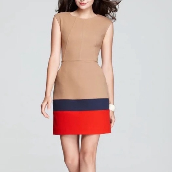 Shoshanna Camel Double Crepe Color block Trina Dress - Picture 15 of 15